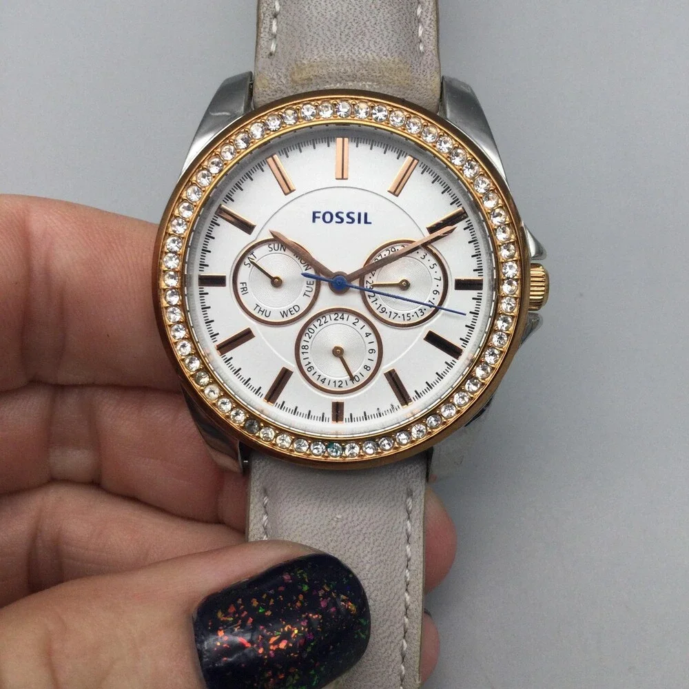 Fossil Womens Watch 38mm Gold Silver Tone Day Date Leather BQ3384 New Battery